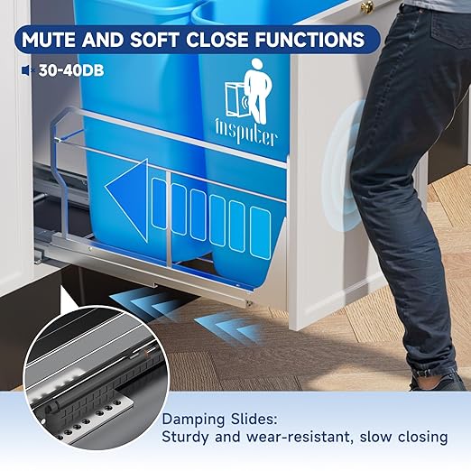 Insputer Double Pull Out Trash Can Under Cabinet with Push to Open Slides, Heavy Duty Under Sink Garbage Can Kit for Kitchen, Not Include Bin, Require 18" W X 24" D Cabinet, has Installation Video