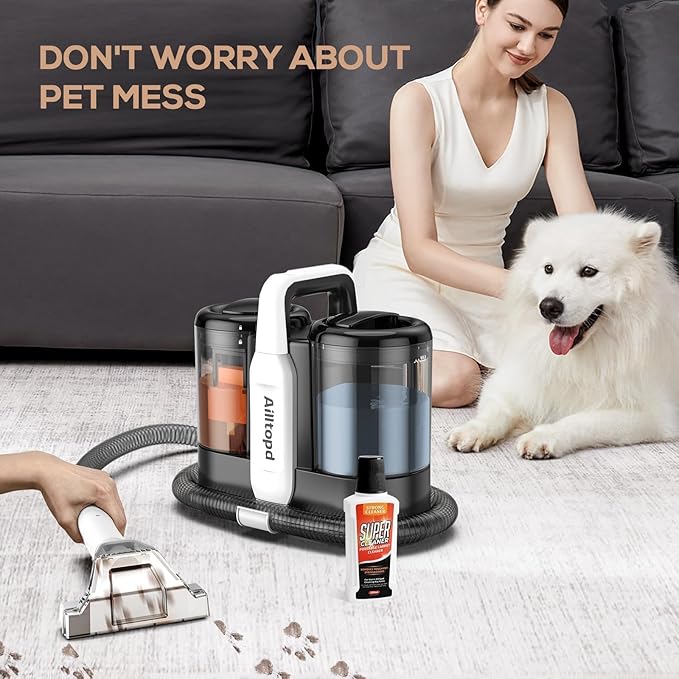 Upholstery Cleaner Machine, Portable Carpet & 15Kpa Upholstery Spot Cleaner Machine, Deep Stain Cleaning for Carpet, Pets, Stairs, Car Seat, Couch, with Dual Size BrushHead and Cleaning Solutions