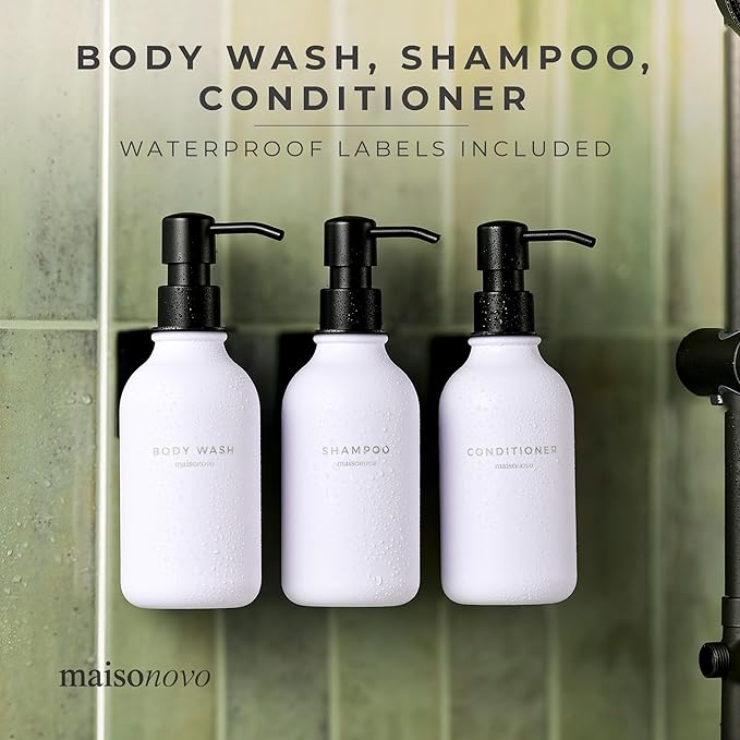 MaisoNovo Shampoo and Conditioner Dispenser - Shower Soap Dispenser Wall Mounted - 16.9 fl oz Set of 3 White Plastic Bottles Black Pump - 3 Chamber No Drill