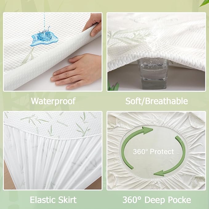 Mattress Protector Soft Crib Rayon Bamboo Waterproof Mattress Pad Cover, Soft Breathable Cooling Deep Pocket Stretches up to 21” Tightly Fitted Mattress Protection