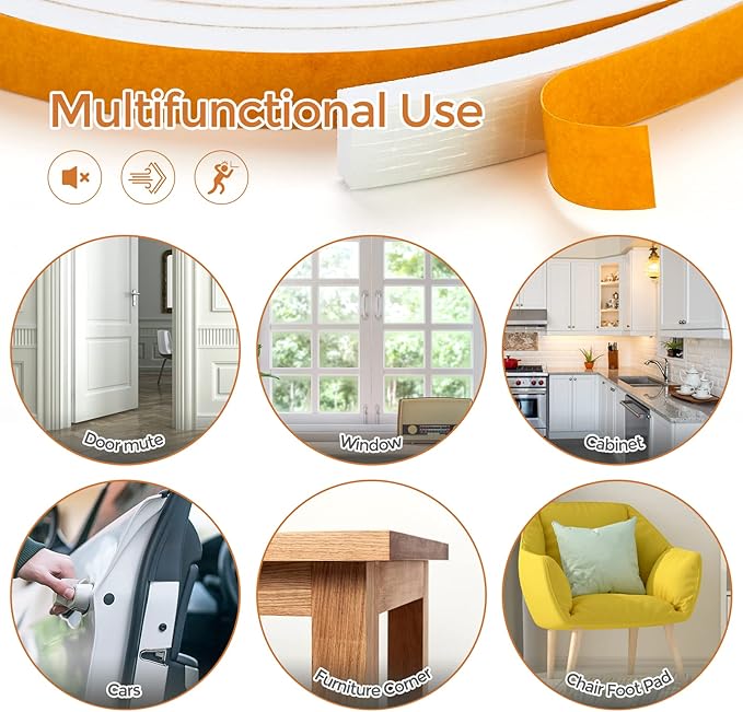 32 Feet Weather Stripping Door Seal, 1/2" Wide X 1/8" Thick Door Seal Strip High Density Foam Tape Adhesive Strip for Door Soundproofing,Window Insulation (1/2" x 1/8" x 32FT,White)