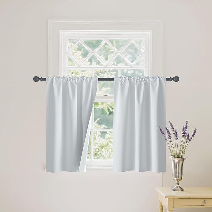 RYB HOME Mini Small 100% Blackout Curtains for Kitchen, Energy Saving Heat Blocking Half Window Curtains Drapes for Bathroom RV Car, Wide 29 x Long 30 inches, White, 2 Pcs