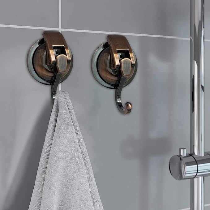 Suction Cup Hooks Heavy Duty Vacuum Suction Shower Hooks Glass Suction Cup Hooks Bathroom Robe Hooks Reusable, No Hole Punched, for Garland Decoration (Antique Brass, 4 Pack)