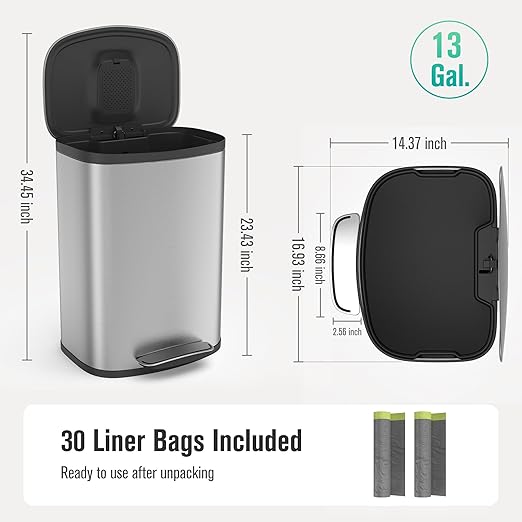 13 Gallon Stainless Steel Foot Pedal Large Trash Can with Soft Close Quiet Curved Surface Top Lid and Deodorant Storage Space, with 30 Garbage Bags for Kitchen/Home/Office Trash can and More - Silver