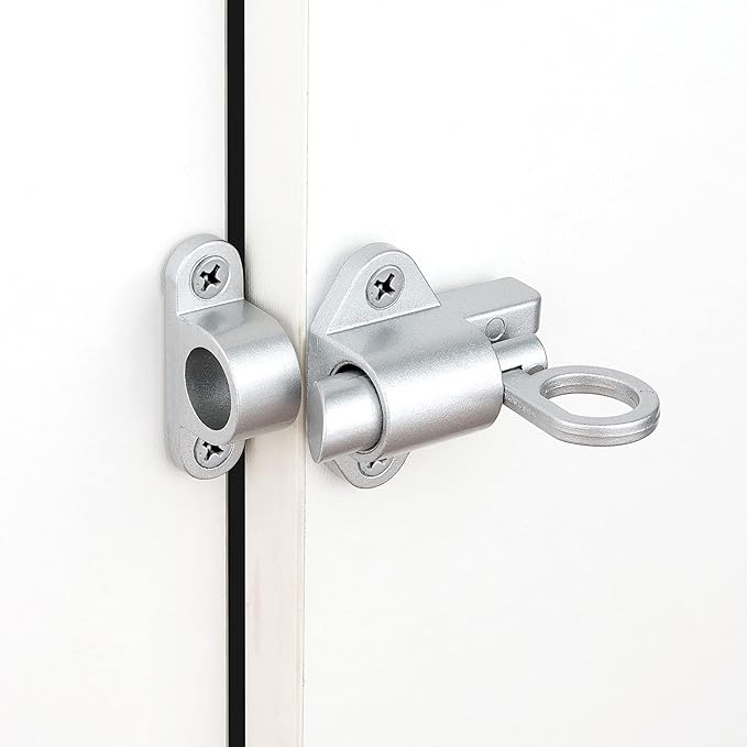 2 Packs Self-Closing Latches，Silver Gray Spring Door Lock，Resilient Bolt Latch Aluminum Alloy Safety Automatic Spring Barrel Slide Door Lock with Screws,Used for Gate,Window and Cabinet etc