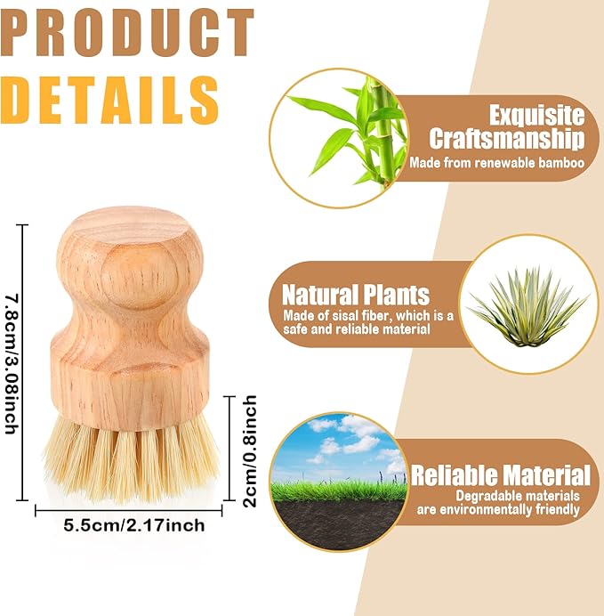 Nuenen 50 Packs Bamboo Dish Scrub Brushes Wooden Scrubbers Set Kitchen Dishwashing Scrubber with Natural Sisal Bristles for Iron Pot Pan Sink