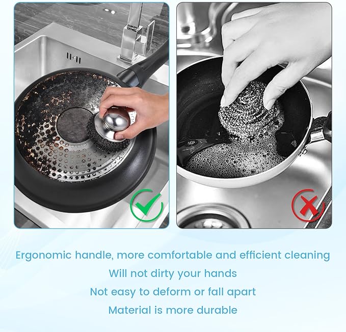 6Pcs Steel Wool Scrubber, Stainless Steel Scrubber with Handle for Cleaning Kitchen and Household Stubborn Messes from Stoves Pans Pots Grill Sink with Replacement Wire Brush Set (3 Pcs+3 Replacement)