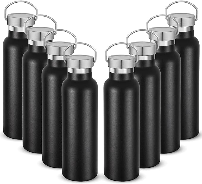 Neihepal 20 oz Insulated Water Bottles Bulk 8 Pack,Stainless Steel Double Wall Sport Bottle with Lid of Handle,Metal Reusable Flask with Cup Cap for School,Hikers,Gift (Black,Set of 8)