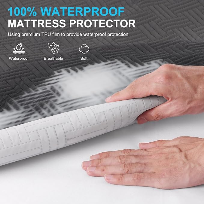Waterproof Mattress Protector Queen Size - Breathable, Noiseless, Ultra-Soft Bed Cover, Mattress Pad Cover with Deep Stretchable Pockets 8"-21" (Gray)