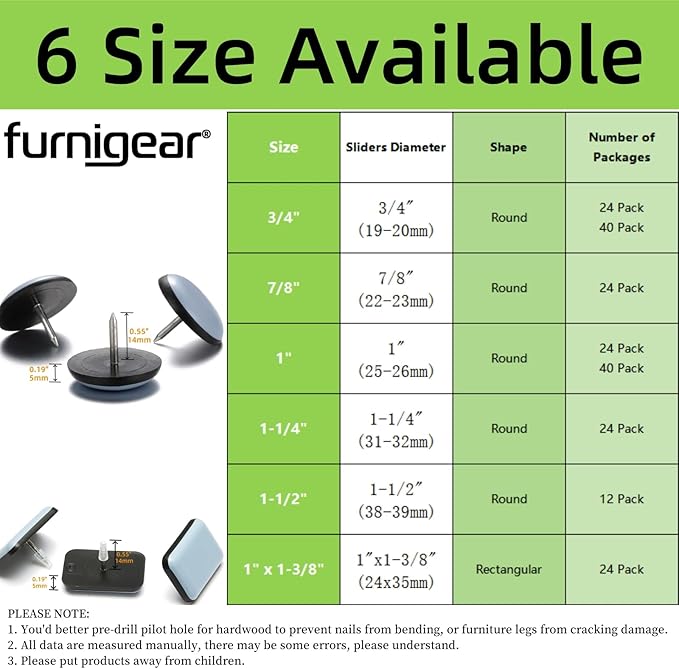Furniture Glides Sliders-Furnigear PTFE (Teflon) Chair Leg Movers Sliders for Carpet Surface - Move Your Furniture Easy & Safely - Best Floor Protector (3/4" Nail, 40pack, not for Wood Floors)