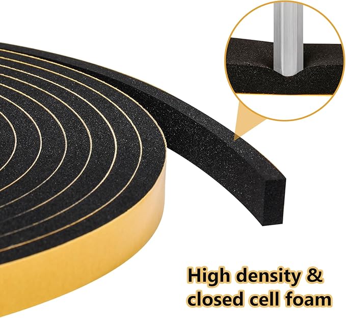 Weather Stripping Seal for Door Window, High Density Foam Tape, Soundproofing, Insulation Strip, Door Sealers for Door Frame (Black, 1/2 Inch X 1/2 Inch X 10Feet)