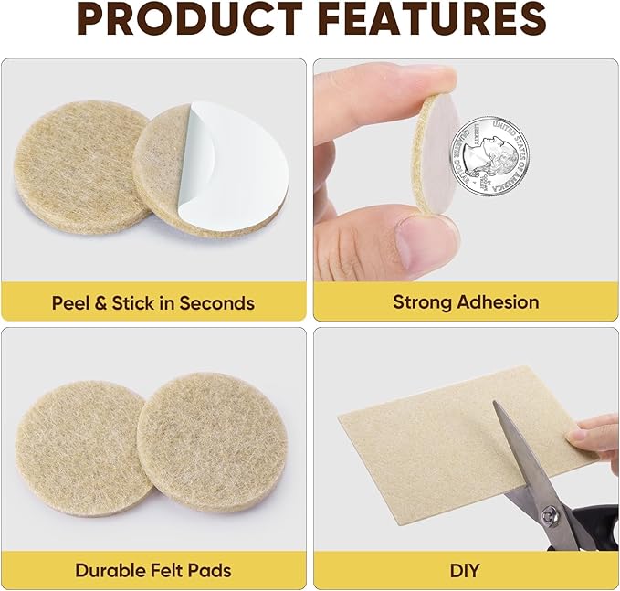 BALEINE 141PCS Felt Furniture Pads, Multi-Size Felt Pads for Chair Legs, Tables, Beds, Scratch-Reducing Floor Protectors for Hardwood Floors, Tile, Vinyl, and Laminate (141PCS, Beige)