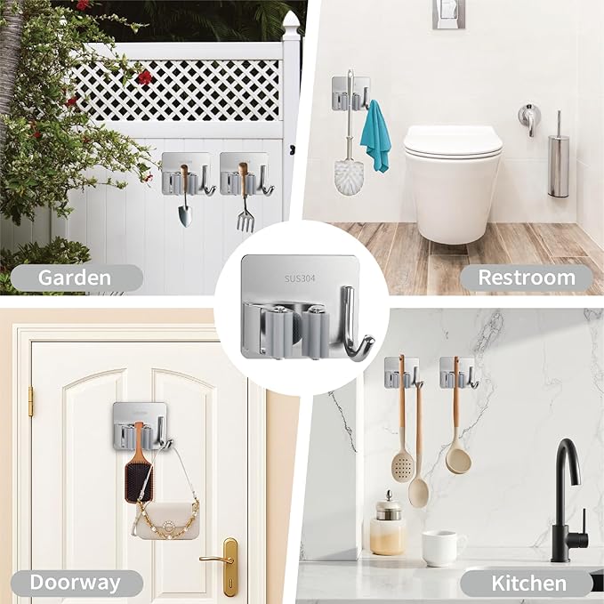 5 Pack Mop and Broom Holder Wall Mount, Silver Stainless Steel Mop and Broom Hanger with Hooks, Mop Broom Organizer for Closet Laundry Garage Garden Tool Organizer