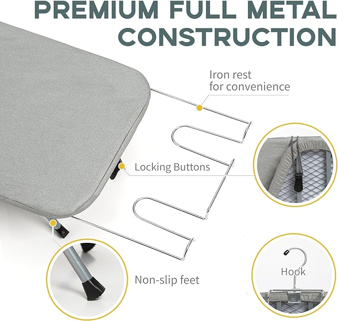 Metal Foldable Tabletop Ironing Board with Iron Rest, Portable Ironing Board Small with Heat Resistant Cotton Cover, RAINHOL Mini Iron Board for Small Space and Travel, 31"x12", Gray