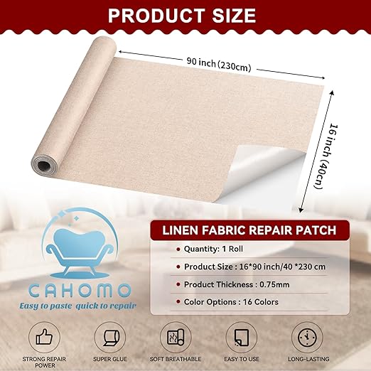 Linen Repair Tape 16x90 inch, Self Adhesive Fabric Patches, Linen Patch Tape Kit, Fabric Repair Tape for Couch Sofas, Headboards, Chairs, Pillows, Curtains, Couches - Brown
