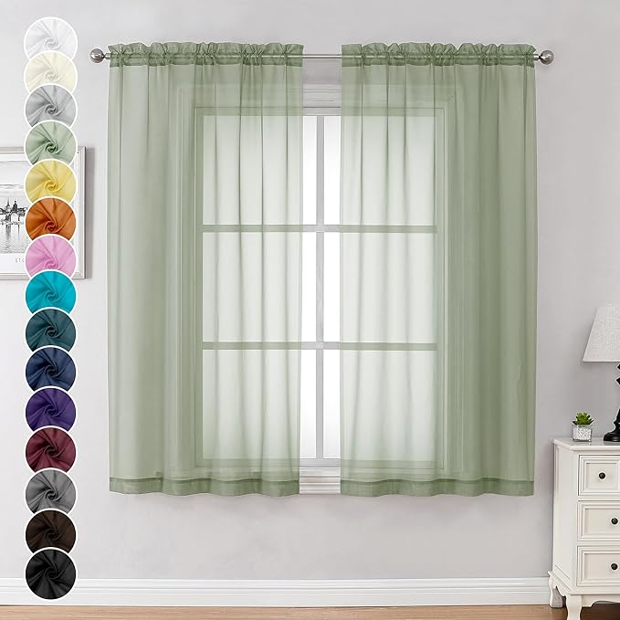 Chyhomenyc Sage Green Sheer Curtains 54 Inch Long 2 Panels Set, Short Rod Pocket Voile Drapes for Dinning Small Windows Bathroom Living Room Bedroom, Each 42Wx54L in, 2PCS, Sage Green