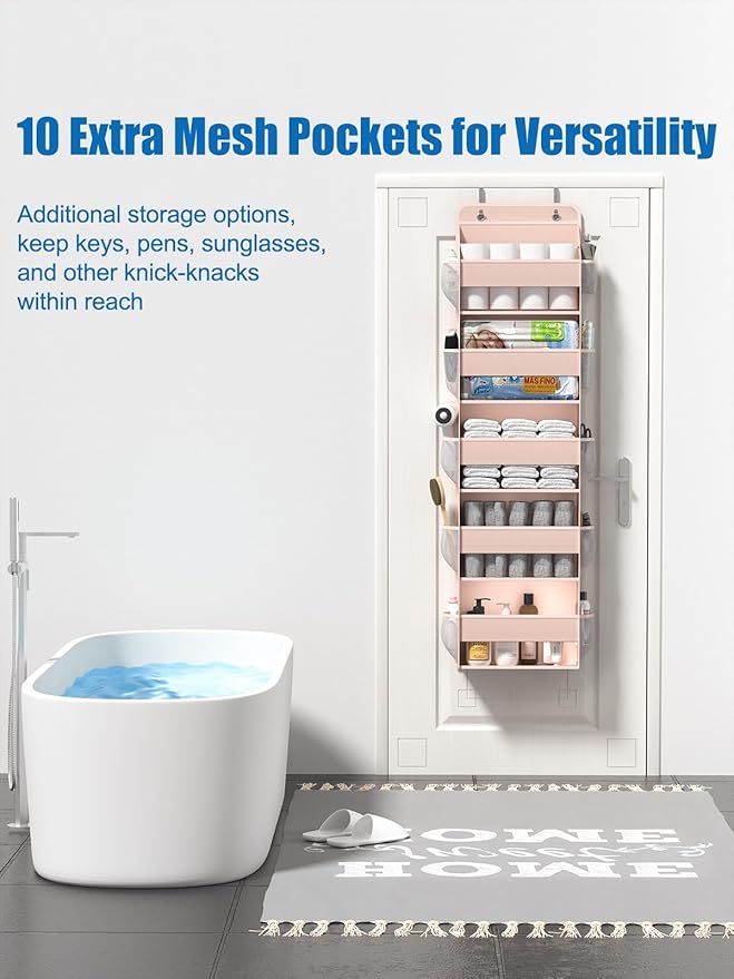 Over The Door Storage Organizer, RV Bathroom Organizer, Over The Door Organizer Camper Storage and Organization, 5 Shelf Hanging Over Door Organizer for Camper, Bathroom, Bedroom, Closet-Pink