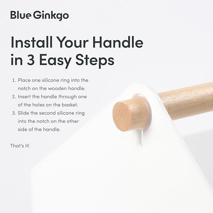 BLUE GINKGO Large Storage Basket – Plastic Caddy with Wooden Handle for Bathroom, Pantry, or Cleaning Supplies (White)