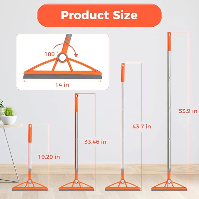 2-in-1 Air Broom, 180° Rotating 54 Inch Adjustable Silicone Rubber Broom Includes 2 Scraping Strips, Sweep and Silicone Tools with Long Handle for Cleaning Bathrooms,Glass,Tiles,Pet Hair