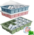Silicone Ice Cube Tray, 3 Pack Easy-Release Stackable Ice Trays for Freezer with Lid 15 Reusable Cubes, Food Grade BPA Free Ice Molds for Whiskey, Baby Food, Coffee, Cocktail (Blue+Green+Pink)