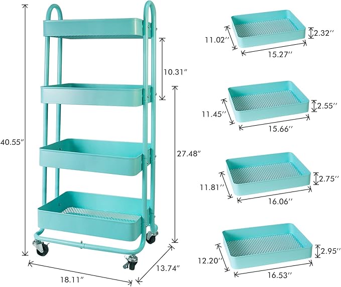 elabo 4-Tier Metal Mesh Utility Rolling Cart, Storage Organizer Trolley Services Cart with Lockable Wheels for Kitchen, Bathroom, Living Room (Blue)