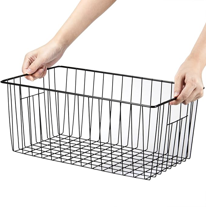 16" L x 12" W Wider Freezer Storage Organizer Baskets Container, Deep Metal Wire Chest Upright Refrigerator Divider with Built-in Handles for Cabinet, Pantry, Closet, Kitchen, Black