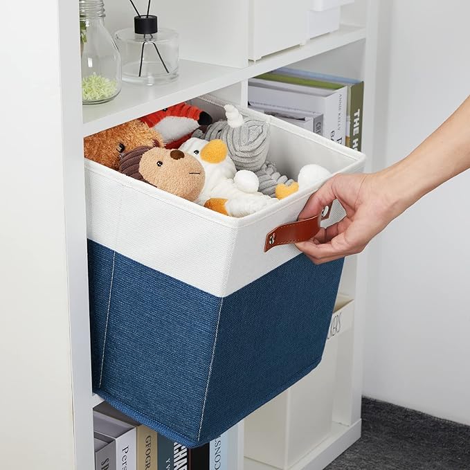DULLEMELO 12 inch Cube Storage Bins, Gift Baskets Empty for Boy Girl Mother Father Christmas Festival,Fabric Storage Bins Cube Organizer Baskets With Leather Handles(White&Blue-4 Pack)