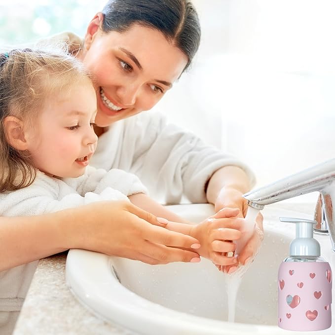 SoCal Suds & Company Glass Foaming Hand Soap Dispenser, Heart Silicone Sleeve, Refillable Pump Bottle for Kids, Baby Wash & Shampoo, Ideal for Home Use, Soft Pink 8oz