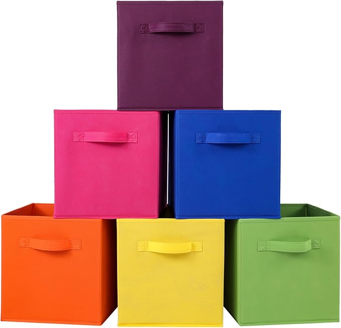 Stero 13x13x13 Inch Fabric Storage Bins 6 Pack Fun Colored Durable Storage Cubes with Handles Foldable Cube Baskets for Home, Kids Room, Closet and Toys Organization Orange-Multi Colors-1