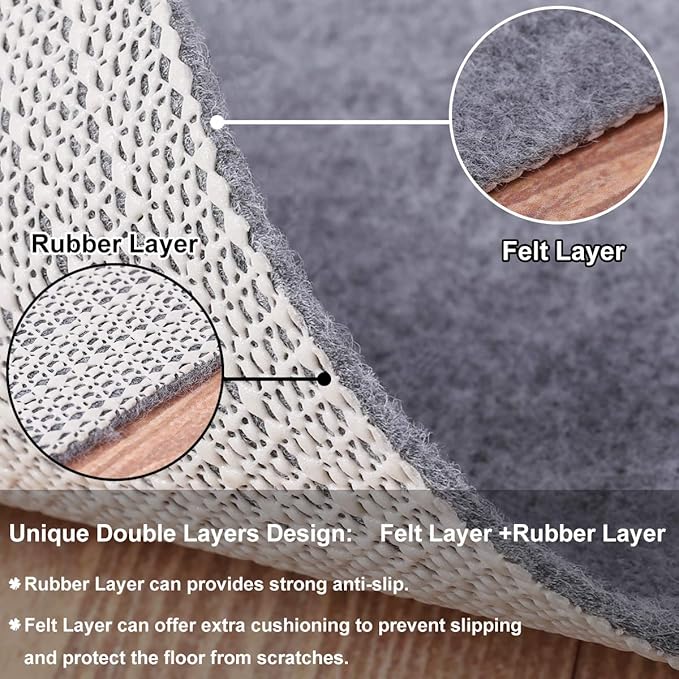 Non Slip Rug Pad Grippers - 8x11, 1/8" Thick, (Felt + Rubber) Double Layers Area Carpet Mat Tap, Provides Protection and Cushioning for Hardwood or Tile Floors