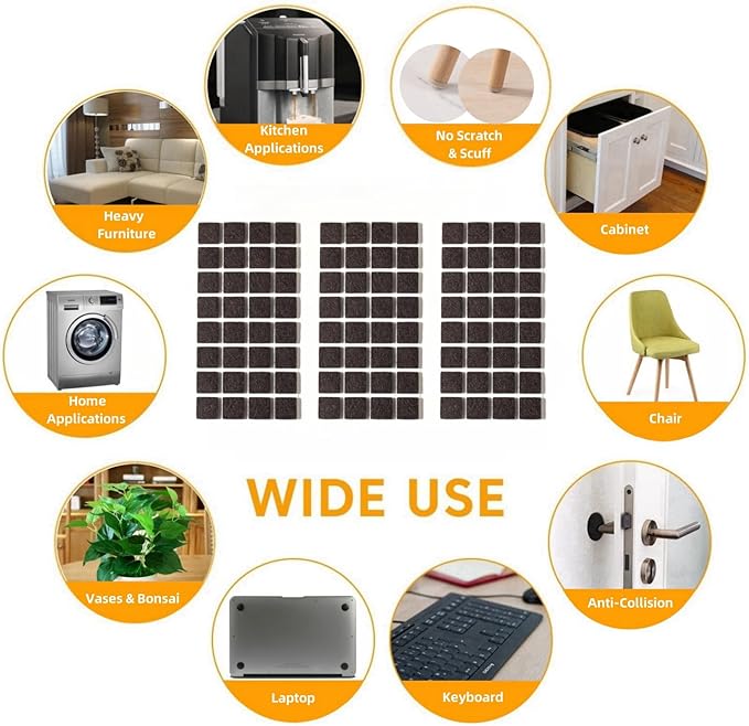 Furnigear Felt Furniture Pads for Hardwood Floors - Self Adhesive Chair Felt Pad, Floor Protector for Furniture Feet, Furniture Sliders Moving Furniture Smoothly, Anti Scratch 96 Pcs 3/4" Square Brown