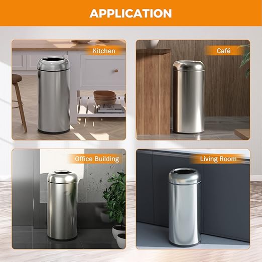 BEAMNOVA 16.5 Gallon Trash Can Black Open Top Large Outdoor Indoor Commercial Stainless Steel Industrial Waste Basket Container, Metallic Garbage Enclosure with Lid