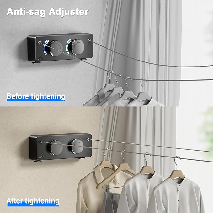 Retractable Twin Clothesline Indoor, Non-Sagging Outdoor Clothes Line Retracting Heavy Duty Clothes Drying Laundry Line Wall Mounted Stainless Steel Line-13.8Feets(Double Line-Black)