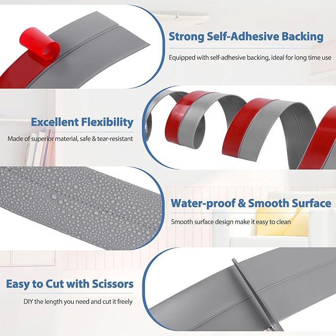 Weather Stripping Door Draft Stopper Flexible Self Adhesive Silicone Door Seal Strip for Glass Doors Windows and Shower Glass Gaps, 2 Inch Wide X 10 Feet Long, Gray