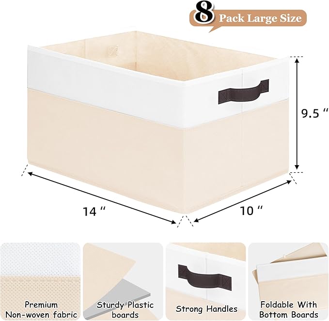 Criusia 8 Pack Large Storage Basket, Fabric Blanket Basket Living Room, Toy Organizers and Storage with Handles for Kids, Laundry Basket for Clothes Towel, Yarn and Craft Storage Bins (14L*10W*9.5H)