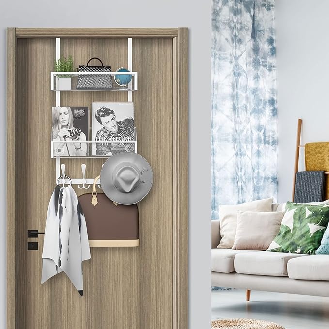 Over The Door Hooks Organizer, Coat Rack Over The Door Storage Hanger Towel Rack, Back of Door Storage Organizer for Bathroom,Bedroom,Kitchen,Office (White 3-Tier)