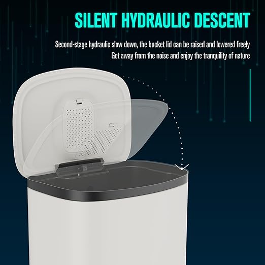 13 Gallon Stainless Steel Foot Pedal Large Trash Can with Soft Close Quiet Curved Surface Top Lid and Deodorant Storage Space, with 30 Garbage Bags for Kitchen/Home/Office Trash can and More - White