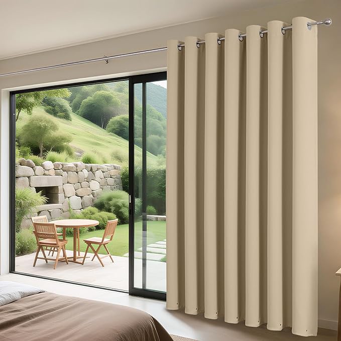 Joydeco Blackout Patio Sliding Door Curtains 96 Inches Long, Grommet Privacy Room Divider Curtains, Extra Wide Thermal Blackout Drapes for Bedroom Living Room (Light Beige, 100Wx96L, 1 Panel)