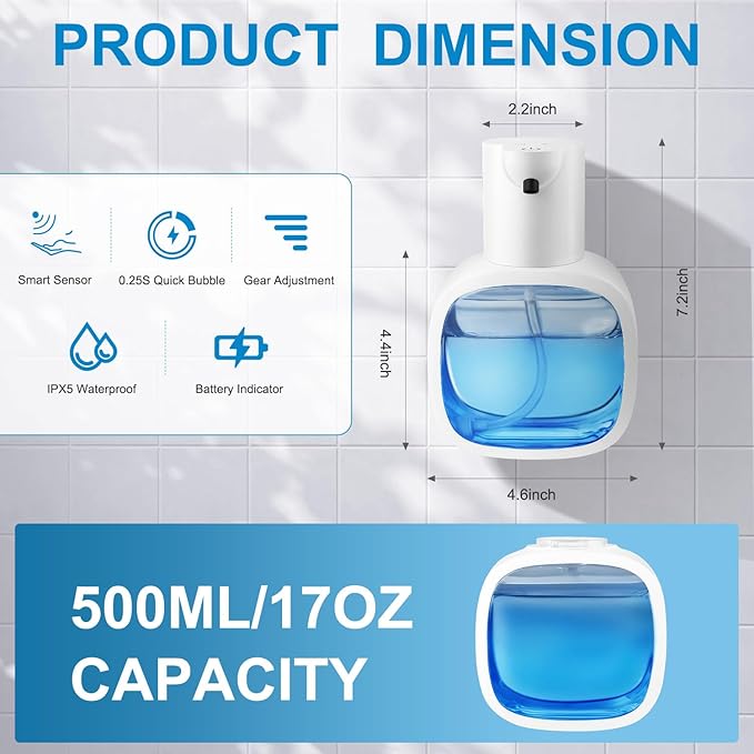 Automatic Foaming Soap Dispenser with 500ml/17oz Capacity, Touchless Soap Dispenser with 4 Level Adjustable, Rechargeable, Wall-Mounted, Waterproof for Kitchen, Bathroom, Hotel, Restaurant