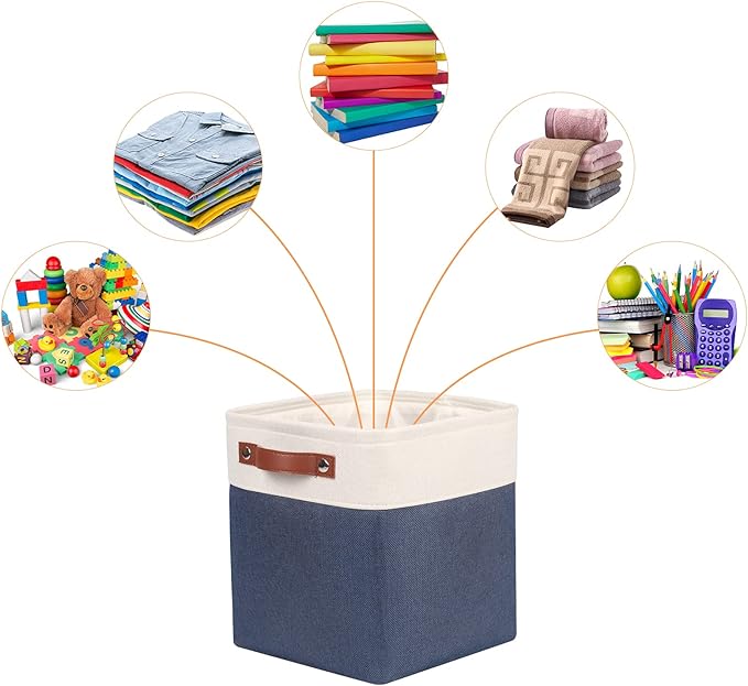 Univivi Fabric Cube Bins Set of 4 Storage Baskets with PU Handles for Home Closet Foldable Storage Bins (Blue, 10.5" x 10.5" x 11")