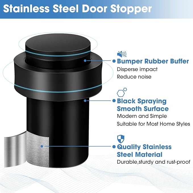 Chumia 10 Pcs Door Stopper Mounted Floor Stops Stainless Steel Cylindrical Stopper Modern Decorative Rubber Bumper Stops Holder Wall Protector for Bottom or Top of Door (Black)