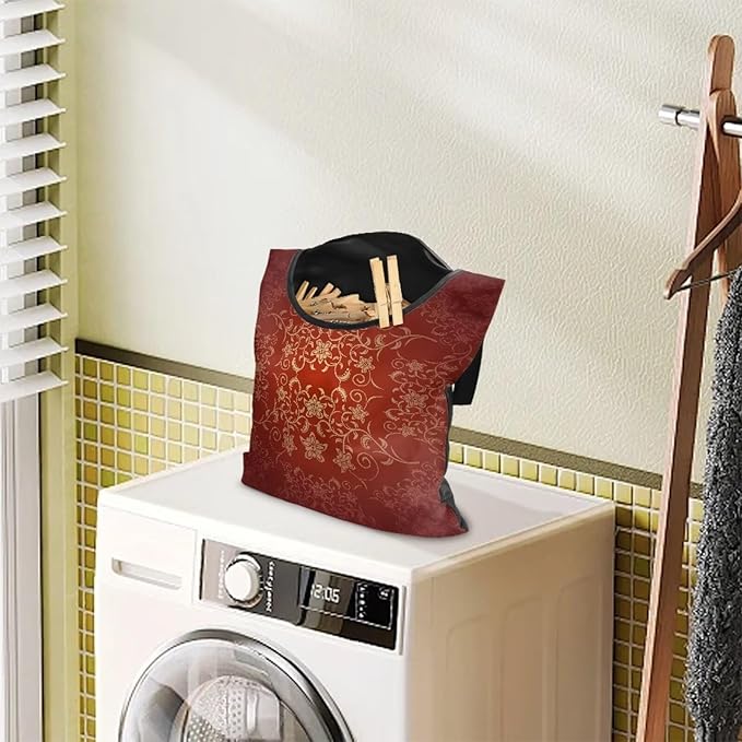 Home Outdoor Clothespin Holder - Windproof & Water Resistant Storage Bag - Commercial Quality Hanging Organizer for Laundry Businesses Classic Flower Pattern Print 14.5x12in