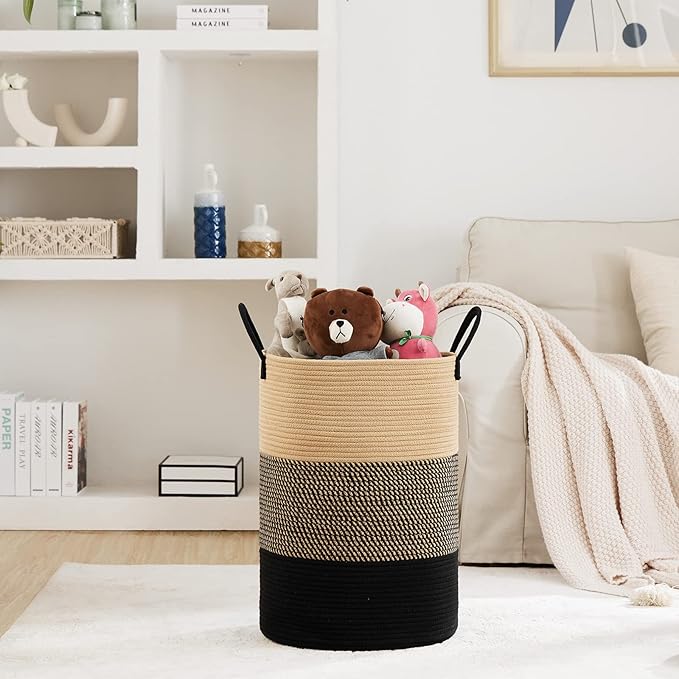 Fiona's magic 72L Large Woven Laundry Hamper, Tall Cotton Rope Storage Basket, Jute Baby Nursery Hamper for Blankets, Toys and Clothes in Bedroom and Living Room Organizing, Brown & Black
