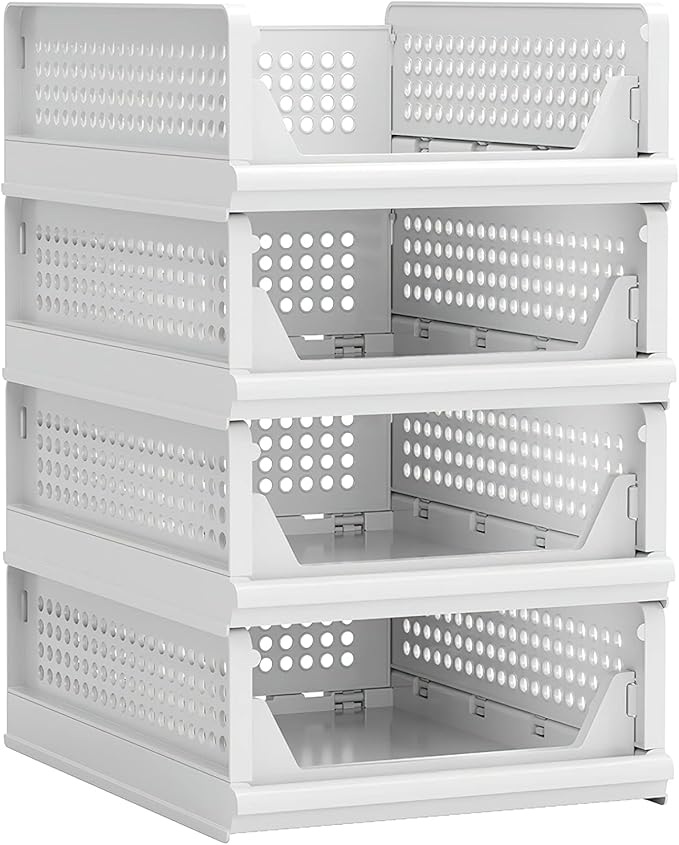 Proarea 4 Pack Stackable Plastic Storage Basket Closet Organizer Bin Foldable Clothes Organizer Storage Drawer Shelf Container for Living Room Bathroom Kitchen Office (4S)