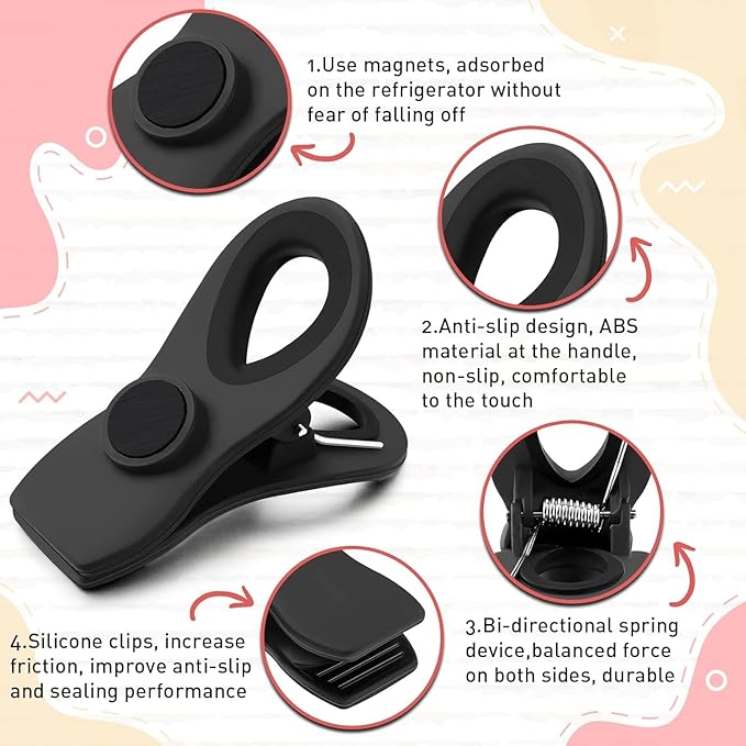 FINDMAG 24 Pack Magnetic Chip Clips for Food Storage, Plastic Bag Clips with Strong Magnet for Fridge, Snack Bags, Chips, and Kitchen Use (Black)