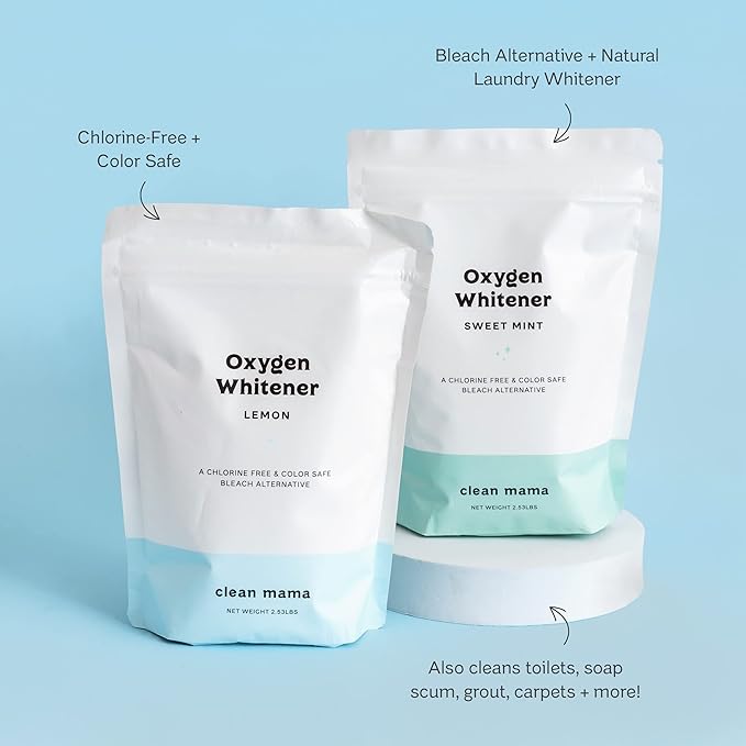 Clean Mama Natural Oxygen Whitener and Stain Remover - Color-Safe Natural Bleach Alternative - Plant-Derived Oxygen Powder, Whitens & Brightens Whites and Colors - Sweet Mint, 2.53 lbs, 2 Pack