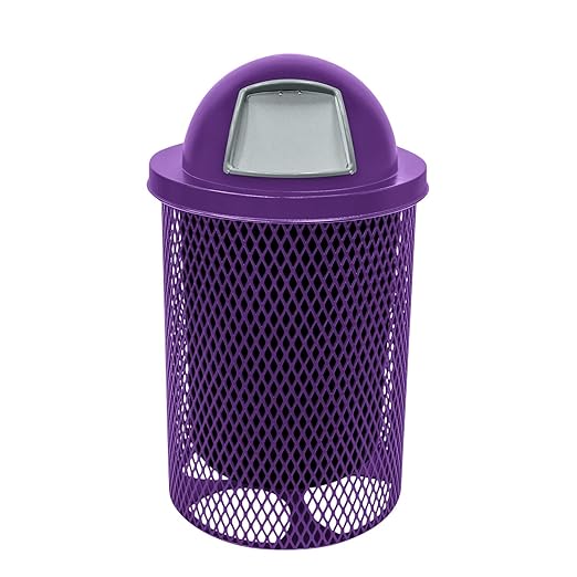 COATEDOUTDOORFURNITURE RDT-TXTPUR Heavy Duty 32 Gallon Round Trash Receptacle, Liner Included, Textured Sandstone with Textured Purple Steel Dome Top, Made in America