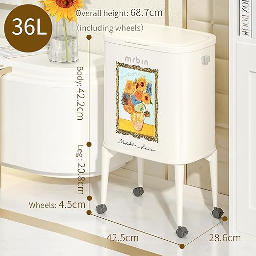 MRBIN Metal Kitchen Trash Can with Wheel Legs, 36L / 9.5gal Medium Press Lid Slim Waste Basket, Pet Proof Tall Narrow Garbage Pail for Vanity, Bedroom, Bathroom, Living Room, Sunflower
