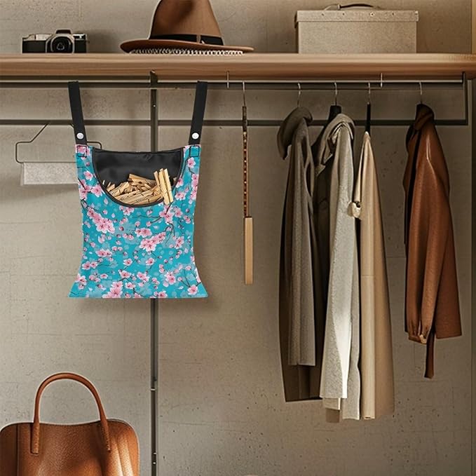 Cherry Blossom Clothespin Pouch Clothespin Bag with Hanging Hook Waterproof Clothes Pin Hanging Bag Space-Saving Clothespin Storage Organize Clothespin Bag for Clothesline Outdoor, 1 Pack