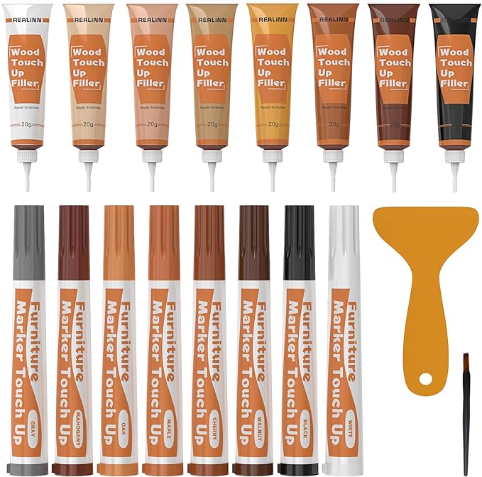 REALINN Wood Furniture Repair Kit 8 Light Colors- Wood Fillers and Touch Up Markers, Repair Scratch, Cracks, Discoloration for Wooden Door, Floor, Table, Cabinet